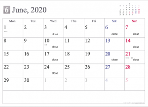 2020６月のカレンダー